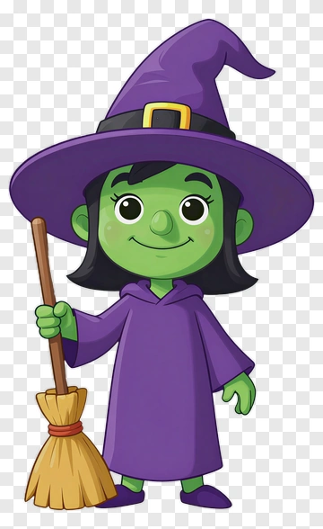 Friendly Cartoon Witch With Broom PNG