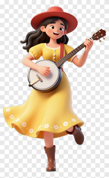 Girl Playing Banjo In Yellow Dress PNG