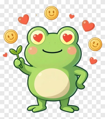 Cute Frog Holding Leaf With Hearts And Coins PNG