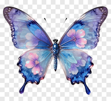 Blue And Pink Butterfly With Floral Wings PNG
