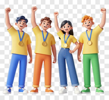 Four Cartoon Athletes Celebrating With Medals PNG