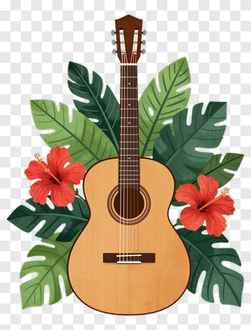 Acoustic Guitar Surrounded By Tropical Flowers PNG