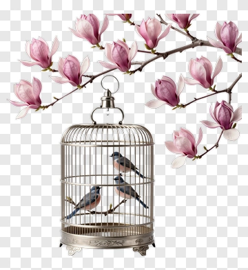 Birds In A Cage With Magnolia Blossoms PNG