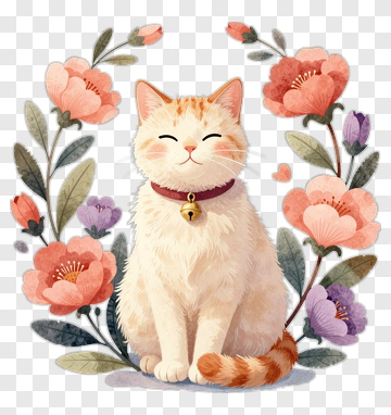 Cute Cat Surrounded By Flowers PNG