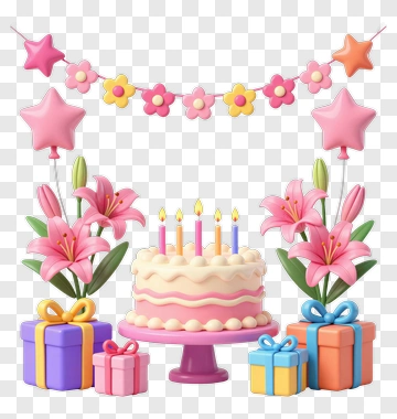 Birthday Cake With Gifts And Flowers PNG