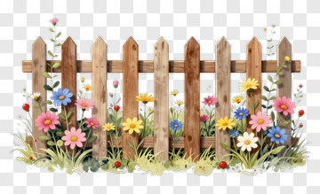 Wooden Fence With Colorful Flowers PNG