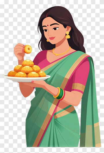 Woman In Sari Holding Sweet Dessert PNG