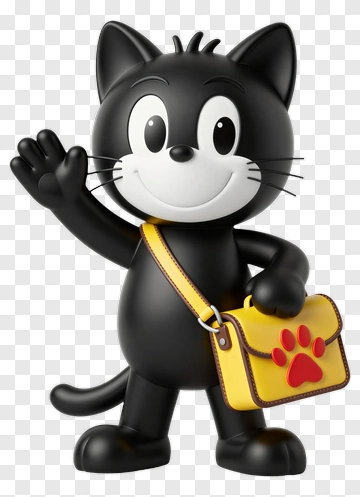 Black Cartoon Cat Waving With Yellow Bag PNG