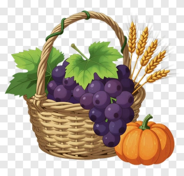 Basket Of Grapes Wheat And Pumpkin PNG