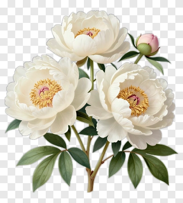 White Peony Flowers With Pink Bud PNG