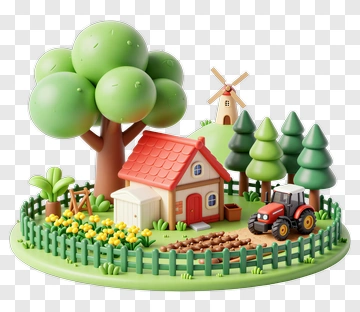 Miniature Farm Scene With Tractor And House PNG