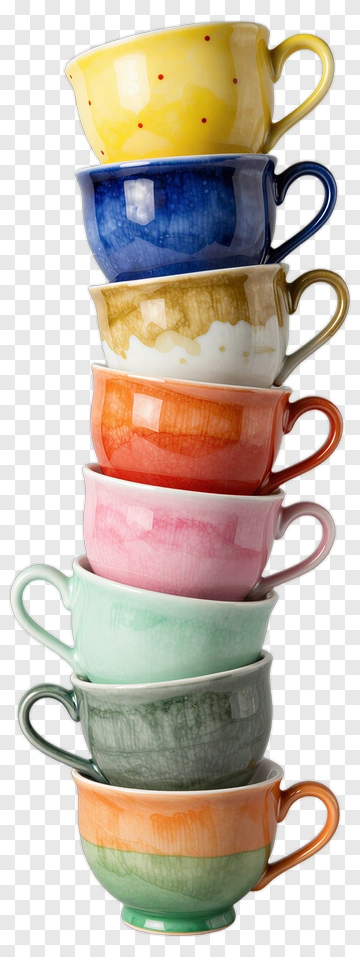 Stack Of Colorful Handmade Tea Cups PNG