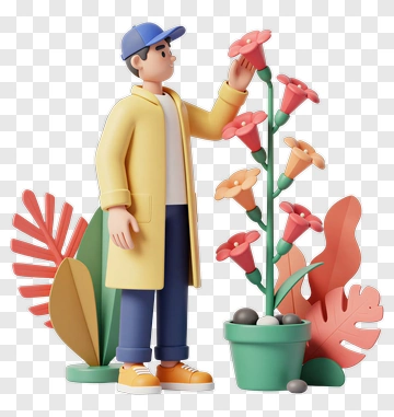 Man Tending To A Flower Plant PNG