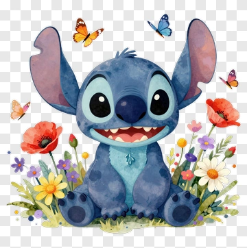 Happy Stitch Among Flowers PNG
