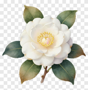 Camellia Blossom With Green Leaves PNG