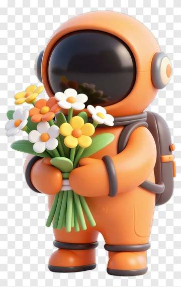 Orange Astronaut Holding Flower Bouquet PNG