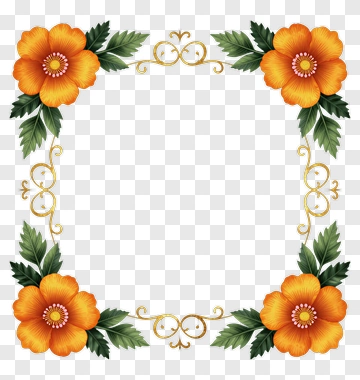 Floral Frame With Orange Flowers And Gold Accents PNG