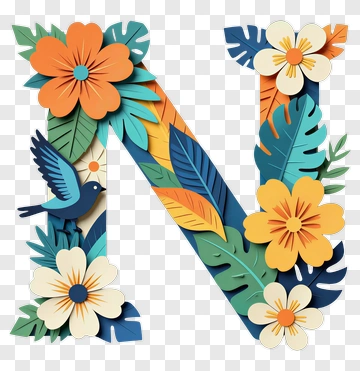 Decorative Letter N With Flowers And Bird PNG