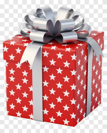 Red Gift Box With Star Pattern And Silver Bow PNG