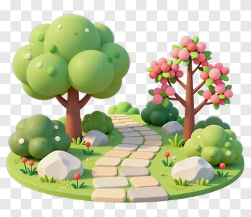 Cartoon Garden Path With Trees And Rocks PNG