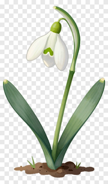 Snowdrop Flower With Green Stem And Leaves PNG