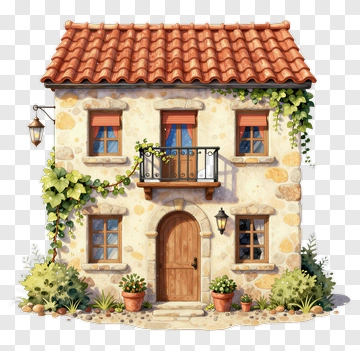 Cozy Stone House With Red Roof PNG