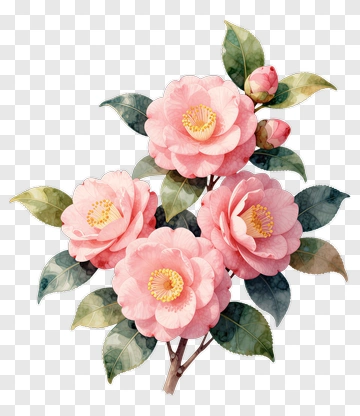 Pink Camellia Blossoms With Green Leaves PNG