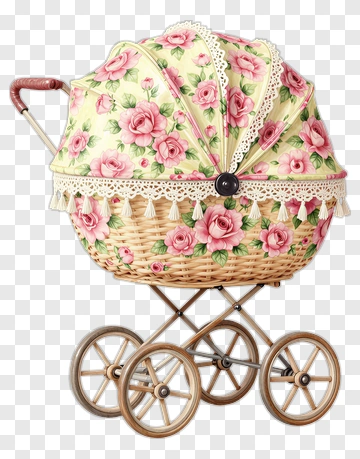 Vintage Rose Pattern Doll Stroller PNG