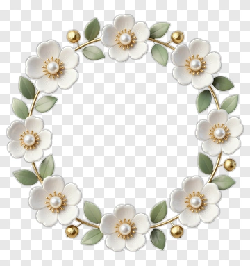 White Flower Wreath With Pearl And Gold Accents PNG