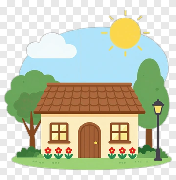 Cute Cartoon House With Trees And Flowers PNG