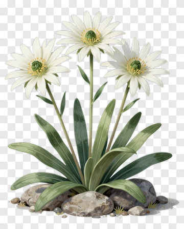 Three White Daisy Flowers With Green Leaves PNG