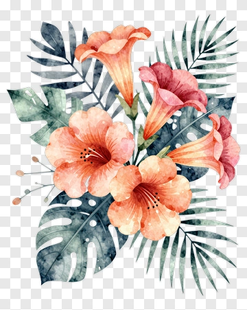 Tropical Flower Bouquet With Leaves PNG