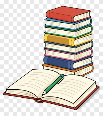 Stack Of Books With Open Book And Pencil PNG