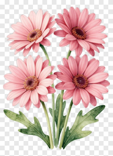 Pink Daisy With Green Leaves PNG
