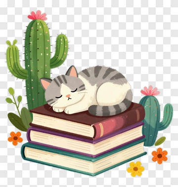 Sleeping Cat On Books With Cactus PNG