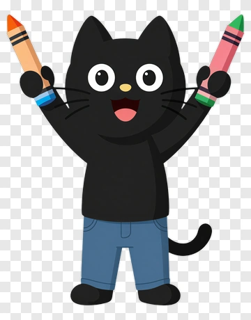 Happy Black Cat Holding Crayons PNG