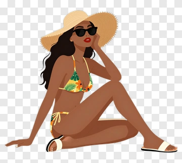 Woman In Tropical Swimsuit And Sunhat PNG