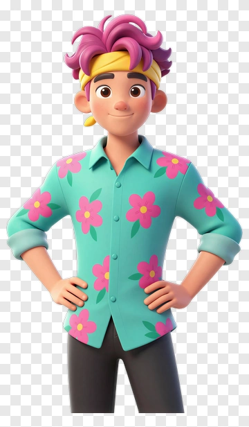 Cartoon Character With Pink Hair And Flower Shirt PNG