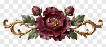 Red Peony Flower Ornament With Gold Scrollwork PNG
